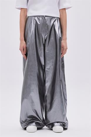 Metallic Grey Pleated Wide Leg Trousers