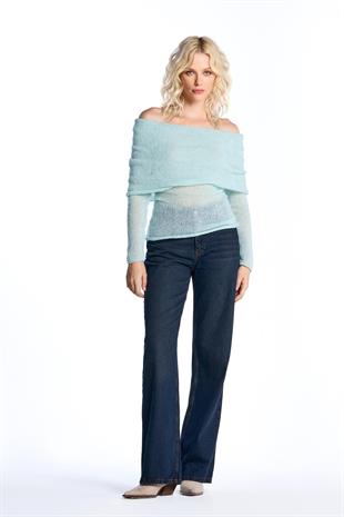 Mint Düşük Omuzlu Triko Bluz