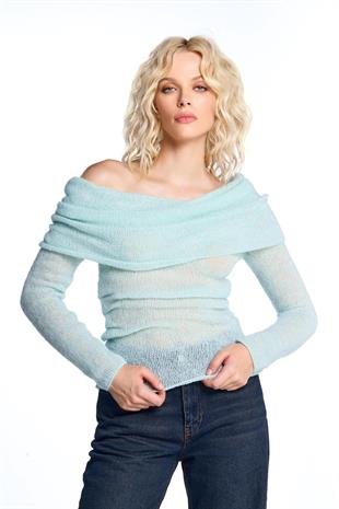 Mint Düşük Omuzlu Triko Bluz