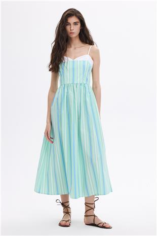 Mint Kalp Yaka Çizgili Elbise