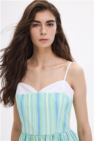 Mint Kalp Yaka Çizgili Elbise