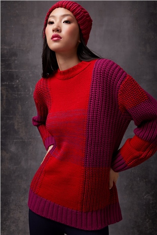 Purple Red Crew Neck Knit Sweater SWK4355MK