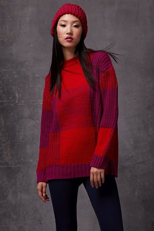 Purple Red Crew Neck Knit Sweater SWK4355MK