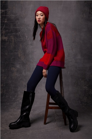 Purple Red Crew Neck Knit Sweater SWK4355MK