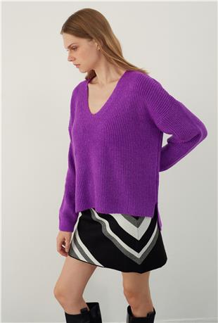 Purple V Neck Basic Knitwear Sweater