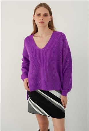 Purple V Neck Basic Knitwear Sweater