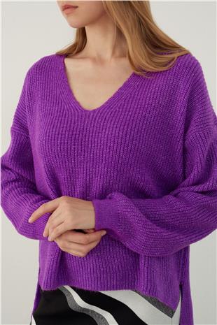 Purple V Neck Basic Knitwear Sweater