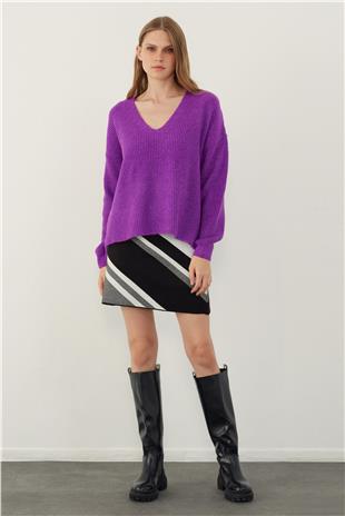 Purple V Neck Basic Knitwear Sweater