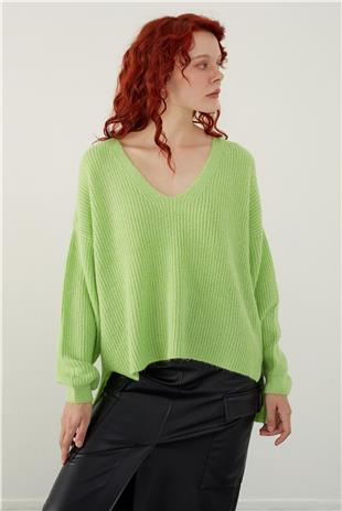 Neon Green V Neck Basic Knitwear Sweater