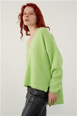 Neon Green V Neck Basic Knitwear Sweater