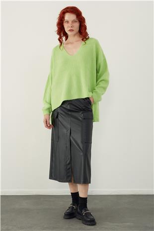 Neon Green V Neck Basic Knitwear Sweater