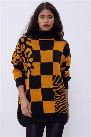 Oranj Desenli Oversize Triko Kazak