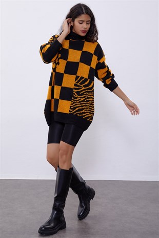 Oranj Desenli Oversize Triko Kazak