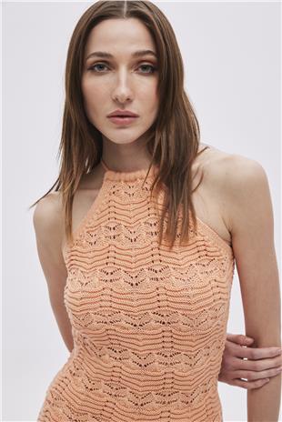 Orange Halter Neck Midi Knitwear Dress