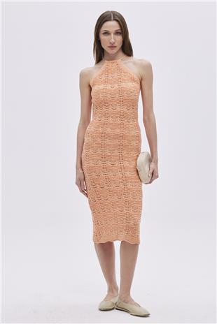 Orange Halter Neck Midi Knitwear Dress