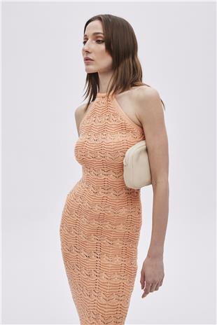 Orange Halter Neck Midi Knitwear Dress