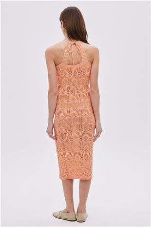 Orange Halter Neck Midi Knitwear Dress