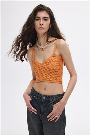 Oranj Saç Örgülü Triko Crop Top
