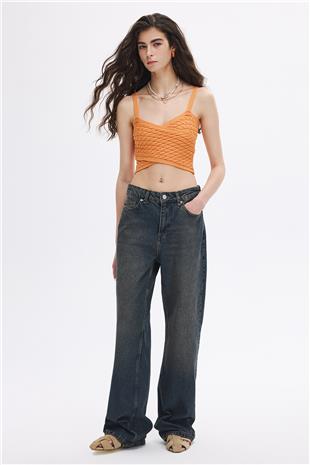 Oranj Saç Örgülü Triko Crop Top