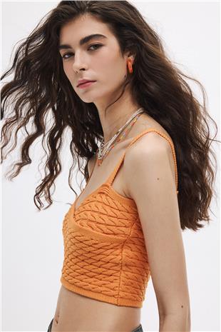 Oranj Saç Örgülü Triko Crop Top
