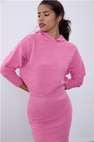  Pink Hooded Embossed Patterned Mini Skirt  Knit Set SWTK4515-16PE