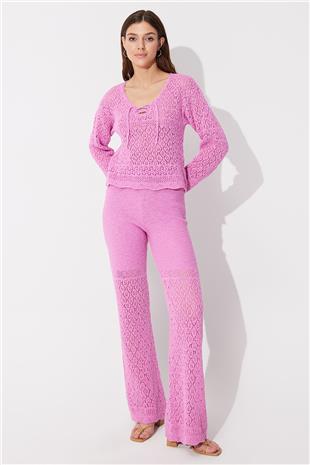  Pink Knit Pattern Sweater Pants Set SWTK4557-58PE