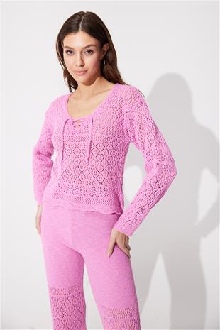  Pink Knit Pattern Sweater Pants Set SWTK4557-58PE