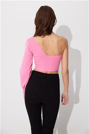 Pink One Shoulder Balloon Sleeve Crop SWK4605PE