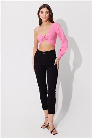 Pink One Shoulder Balloon Sleeve Crop SWK4605PE