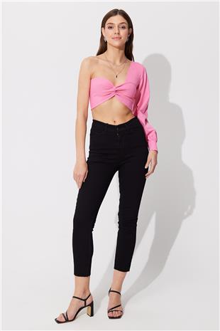 Pink One Shoulder Balloon Sleeve Crop SWK4605PE