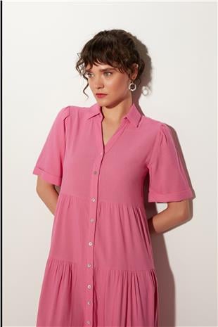 Pembe V Yaka Midi Elbise