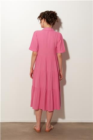 Pembe V Yaka Midi Elbise