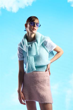 Pembe Volanlı Triko Etek