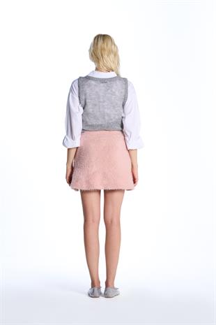 Pembe Volanlı Triko Etek