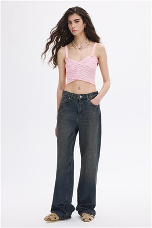 Pudra Saç Örgülü Triko Crop Top