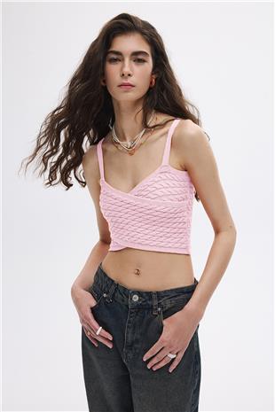 Pudra Saç Örgülü Triko Crop Top