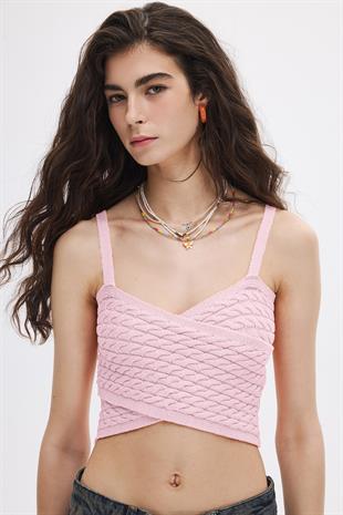 Pudra Saç Örgülü Triko Crop Top
