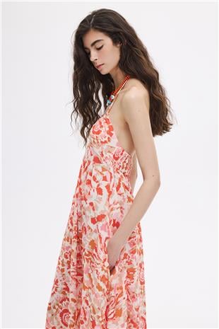 Renkli Boyundan Bağlamalı Midi Elbise