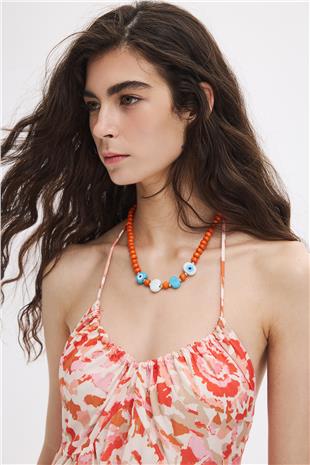 Renkli Boyundan Bağlamalı Midi Elbise