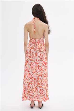 Renkli Boyundan Bağlamalı Midi Elbise