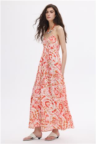 Renkli Boyundan Bağlamalı Midi Elbise