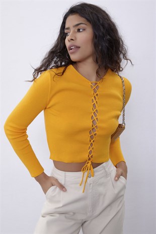 Yellow Brit Detailed Long Sleeve Knit Sweater SWK4507SR 