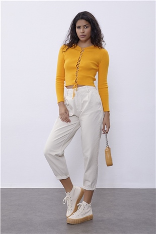 Yellow Brit Detailed Long Sleeve Knit Sweater SWK4507SR 