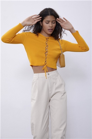 Yellow Brit Detailed Long Sleeve Knit Sweater SWK4507SR 