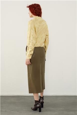 Yellow Funnel Neck Foil Printed Knitwear Sweater