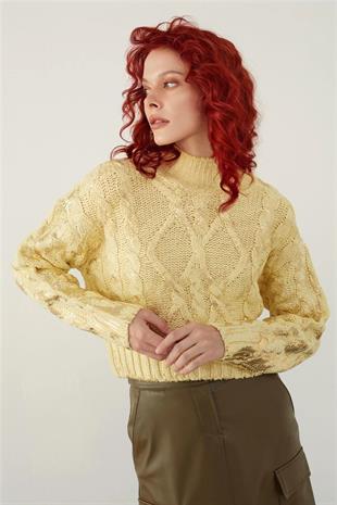 Yellow Funnel Neck Foil Printed Knitwear Sweater
