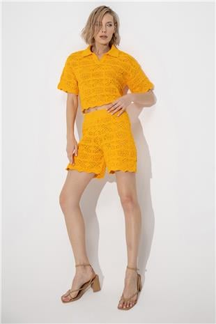 Yellow Polo Collar Sweater Shorts Knitwear Suit SWTK4634-35SA