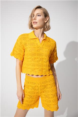 Yellow Polo Collar Sweater Shorts Knitwear Suit SWTK4634-35SA