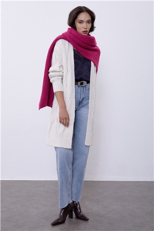 Light Beige Braided Oversize Long Knit Cardigan SWC4181AB