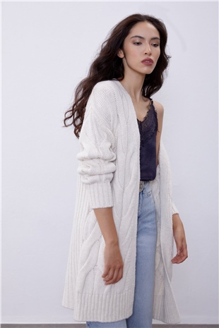Light Beige Braided Oversize Long Knit Cardigan SWC4181AB
